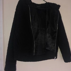 Black Timing Faux Teddy Jacket with Hood